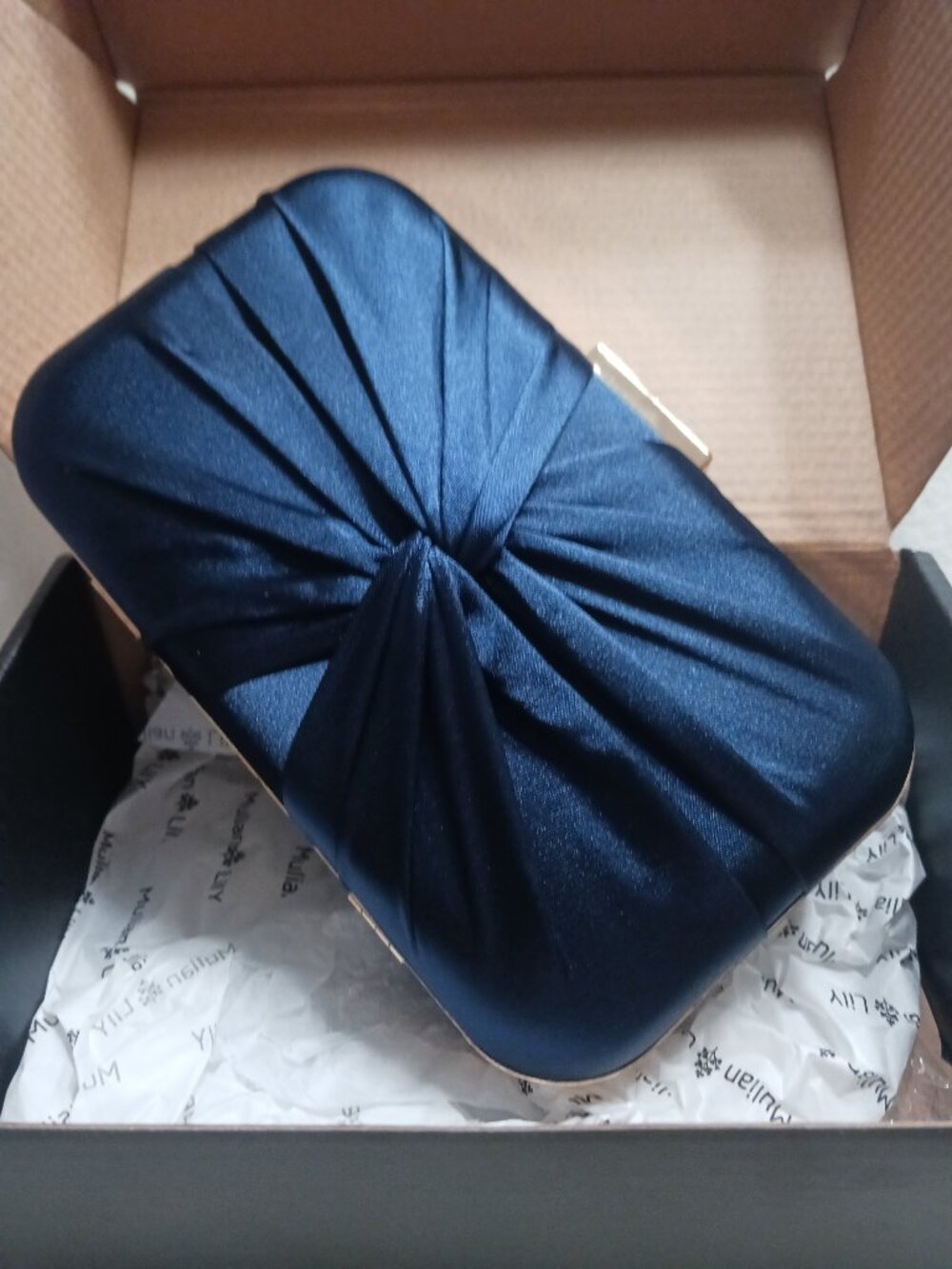 NWT In Box Mulian Lily Blue Satin Clutch With Extended Gold Tone Chain